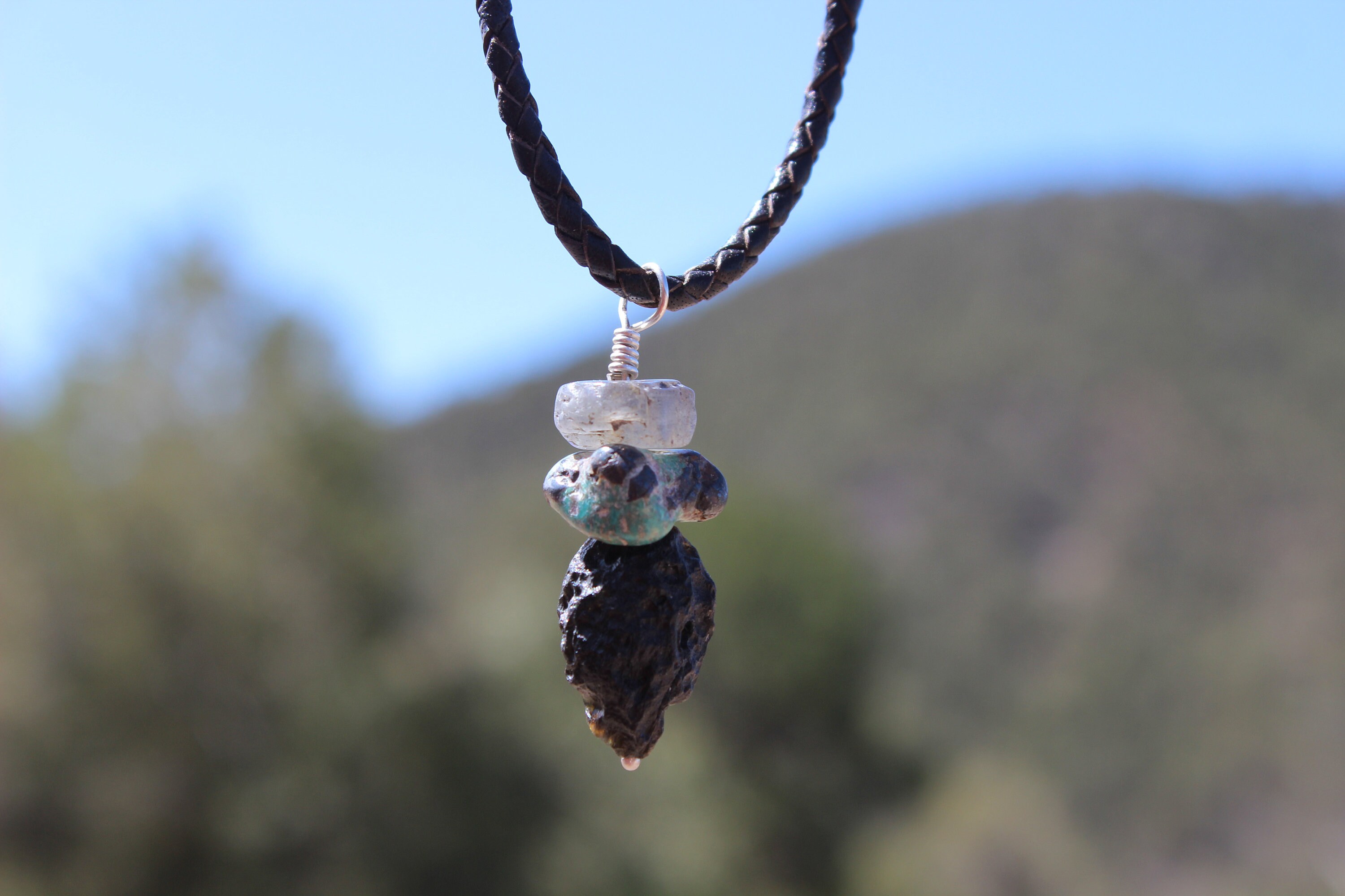 Hiking Necklace Mens Crystal Pendant Tektite Turquoise