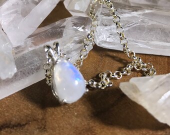 Natural Blue Rainbow Moonstone Pendant // 12x8mm // Sterling Silver Setting // Gift For Her // 25% Off Mother's Day Sale //