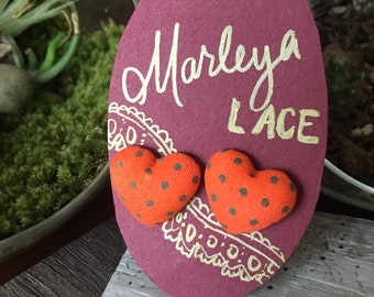 Fabric heart shaped stud earrings, with green polka-dots