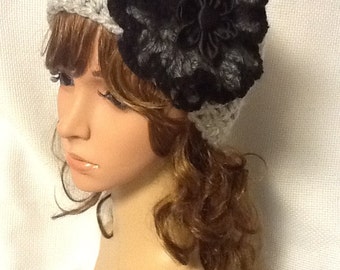 Crocheted Headband With Black Angora Flower