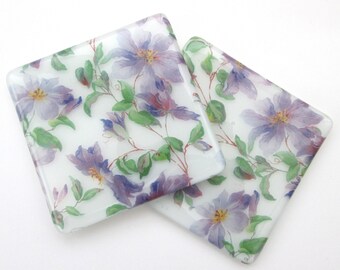 Purple clematis coaster, Summer flowers, handmade glass mug mat, wine glass coaster, bar mat, square, garden lover gifts, gifts for her,
