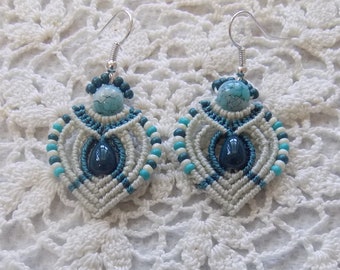 Micro-Macrame Beaded Earrings Beige and Teal