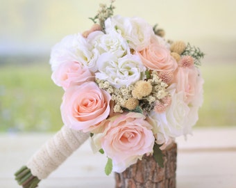 Silk Bridal Bouquet Wildflowers Pink Roses Baby's Breath Rustic Chic Wedding #BraggingBags (1002)
