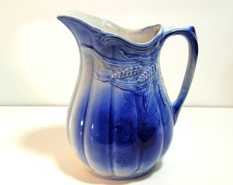 Royal Crownford Ironstone Wheat Jug, Cobalt Blue Glaze, Arthur Wood, Made In England