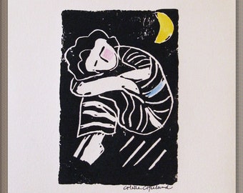Linocut print, hand pulled, original art, woman, dreaming, moon