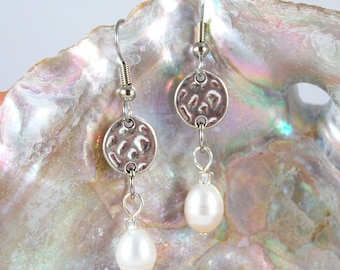 Natural Freshwater Pearl Earrings with Hammered Silver Charms, Surgical Steel Earwires