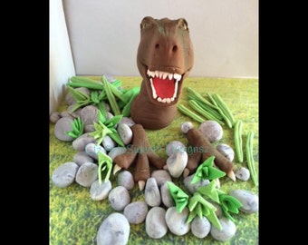 3D T Rex Dinosaur Cake Topper Girl or Boy with Pebbles Grass Reeds Included Gumpaste Fondant Worldwide Shipping