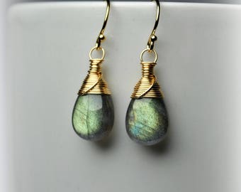 Labradorite Earrings Wire Wrapped Earrings 14K Gold Filled Earrings Gold Dangle Earrings Gold Drop Earrings Labradorite Jewelry Gift For Her