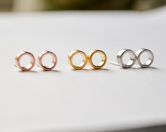 Tiny Open Circle Stud Earrings - Small Everyday Gold or Rose Gold Studs - Open Hoop Faux Gauge Earings - Handmade by HookAndMatter Brooklyn