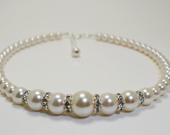 SET of 5 Ivory Pearl Necklace & Earrings, Pearl Strand Bridal Necklace, Pearl and Rhinestone Wedding Jewelry, Ivory Bridesmaid Jewelry