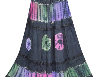 Black Tie Dye GEORGETTE Long Skirt A-Line Floral Embroidered Ethnic Summer Style Maxi Skirts