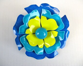 Vintage 1960s Blue and Yellow Flower Brooch 60s Mod Flower Pin