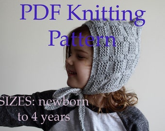 PDF KNITTING PATTERN, baby bonnet pattern, pixie hat pattern, toddler pattern, newborn pattern, easy diy knit bonnet tutorial, diy baby hat