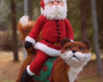 Needle Felted Fox and Santa Claus Wool Father Christmas And Animal Soft Sculpture by Bella McBride