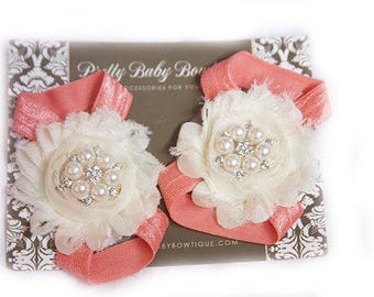 Baby Barefoot Sandals- Photo Prop- Baby Shoes- Baby Girl Sandals- Barefoot Sandals Coral and Cream