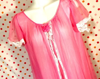 PINK Vintage Chiffon Nightgown 1960s Vintage Lingerie by Pacita's Large Medium Babydoll