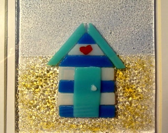 Beach Hut Art Frame, Fused Glass Art, Seaside Decor, Striped Beach Hut, Beach Hut Frame, Glass Art, Beach Hut Gift, Beach Wall Art