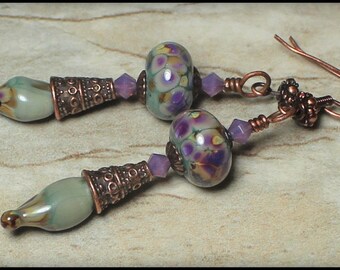 Handmade Jewelry, Handmade Earrings, Earrings, Beaded, Lampwork, Antique Copper, Crystal, Sage, Green, Lavender, Raku, Amber, Artisan, Boho