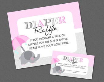 Sweet Pink Elephant Baby Shower Diaper Raffle Ticket And Diaper Raffle Sign - INSTANT DOWNLOAD