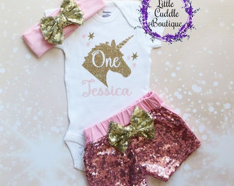 Personalized Unicorn First Birthday Outfit, Girl First Birthday Outfit, Unicorn Outfit, Pink Birthday Outfit, Sequin Shorts, Unicorn Shirt