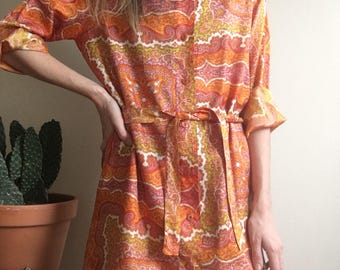 1960's orange paisley collarless button up shirt • Tunic • Mini Dress • Psychedelic • Hippie • Boho • Groovy • Retro • Print • Sixties •