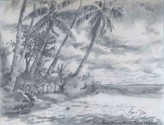 Landscape Pencil Drawing in Tahiti Giclee Print of Original