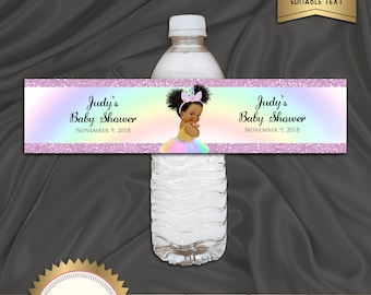 Printable Unicorn Baby Shower Water Bottle Labels, Little Girl, Puff Hair Baby Girl - Digital File, EDITABLE text Microsoft® Word, BS27