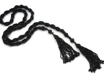 Beaded Lariat Necklace - Vintage Flapper Necklace Sautoir Black Glass Seed Bead Costume Jewelry
