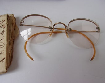 Antique Art Deco 1930s Gold Filled Eyeglasses, Old Wire Rim Eye Glasses Spectacles with Yellow Marble Celluloid Coated Arms and Nose Pieces