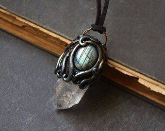 Hand Scupted Polymer Clay Labradorite and Clear Quartz Crystal Point Pendant Necklace | Stone Necklace | Green labradorite