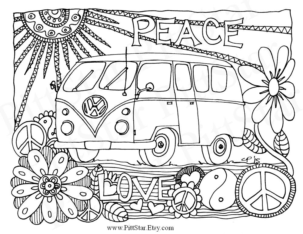 Instant Download Whimsical VW Van Adult Printable Coloring