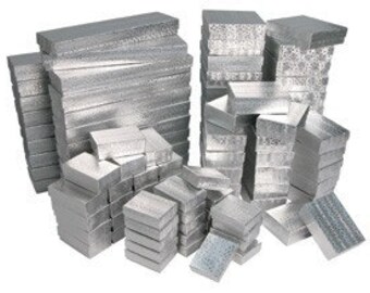 100 Assorted Silver Cotton Filled Jewelry Gift Boxes Pendant Charm Bracelet Ring