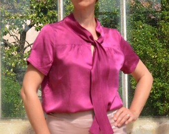 Pink silk Ascot blouse vintage Blouse silk magenta pink Magenta bow tie blouse silk blouse Ascot blouse silk blouse Pussibow