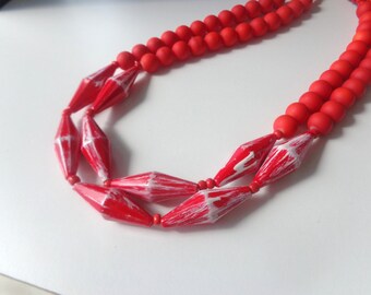 Red white statement necklace double strand