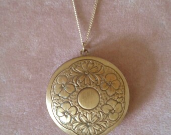 Etched Brass Locket Necklace Antique Holds 2 Round Photos