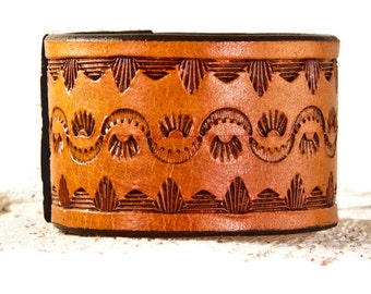 Brown Leather Cuff, Tan Leather, Leather Jewelry, Leather Bracelet, Tooled Leather, Vintage Leather, 2018