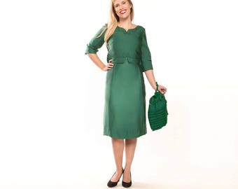 50s Green Silk Sheath Dress with Corded Swirls S M