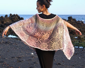 Rose Blush Crochet Wrap, Hand Made Crochet Shawl, Multicolour, Hand Crochetted Wrap, Rustic, Boho Style, Hand-Dyed Wool Wrap