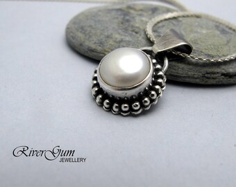 Pearl Necklace, Pearl Pendant, Sterling Silver, Freshwater Pearl Pendant, Pearl Jewelry, June Birthstone, Metalwork by RiverGum Jewellery