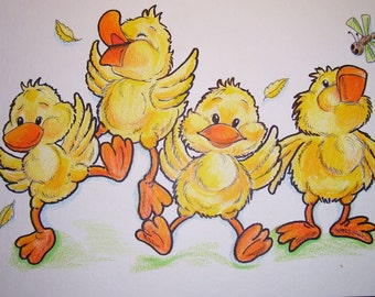 Childrens Art Print Dancing Ducks - 8.5 x 11 Yellow