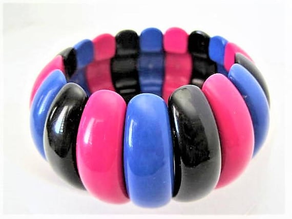 Black Pink Bangle, Wide Layered, Bright Colors, Stretch Bracelet