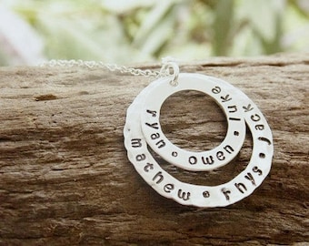 Hand Stamped Silver Double Circle Washer Necklace with Kids Names