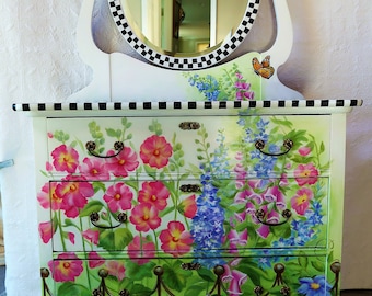 Painted Furniture/ Painted Dresser/ Hand Painted Furniture/ Hand Painted Dresser/ Whimsical Painted Dresser/ Girls Dresser