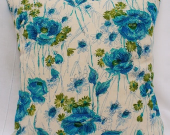 Retro Poppies Turquoise Chartreuse Floral Cushion Cover