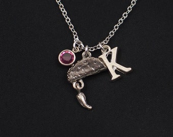 hot pepper and taco charm necklace, sterling silver filled, initial necklace, birthstone necklace, taco jewelry,miniature food,children gift