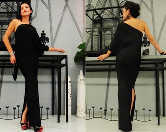 Black one shoulder evening long dress Elegance all size