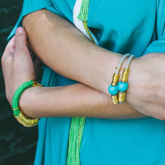 Items similar to Grey Rope Bracelet, Turquoise Bead Bracelet, Boho Chic