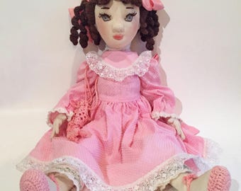 Vintage Soft Sculpture Cloth Doll with Embroidery Detail on Face-Free Shipping