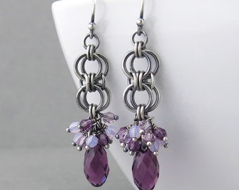 Purple Crystal Earrings Silver Drop Earrings Purple Earrings Sterling Silver Jewelry Amethyst Earrings Crystal Jewelry - Teardrop