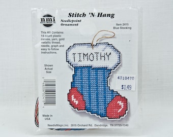 Personalizable Christmas Stocking Needlepoint Ornament Plastic Canvas Embriodery Craft Kit -Red White Blue NeedleMagic Stitch 'N Hang #2415